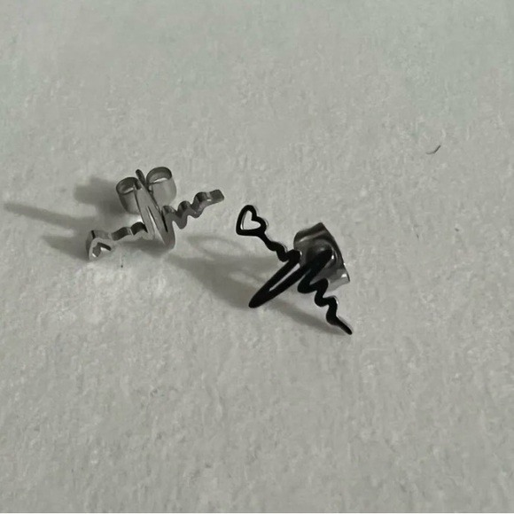 Heartbeat Black Stainless Steel Stud Earrings - Picture 3 of 4